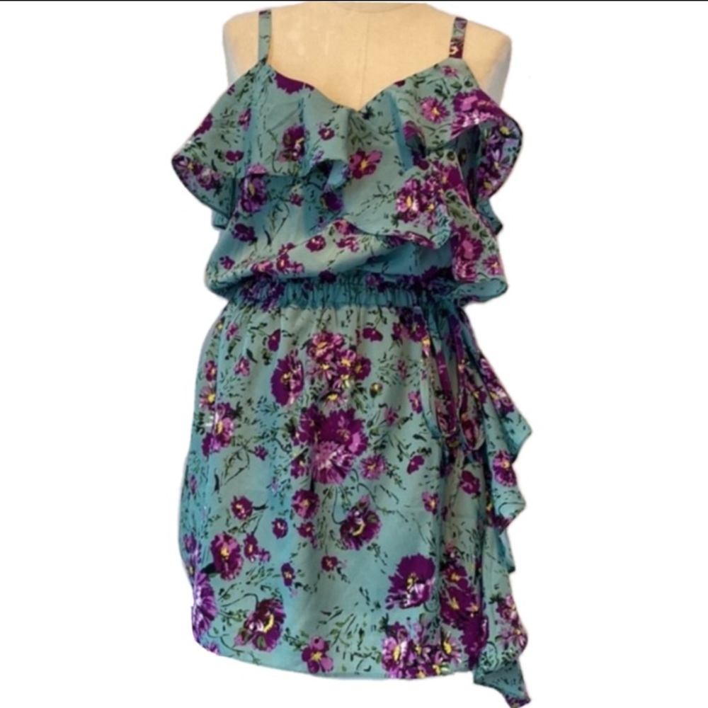 Sugar Lips green and purple floral spaghetti strap ruffled mini dress. Size S